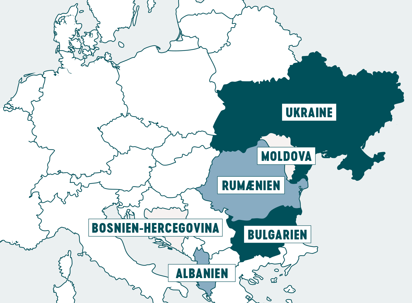 Kort over de 6 lande, som vi arbejder i, i Østeuropa